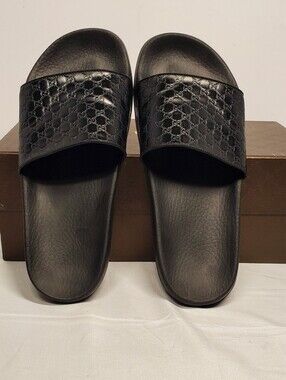Gucci Unisex Black Embossed Leather Slide Sandals Size 7 Men's Or 9.5/10 Women's
